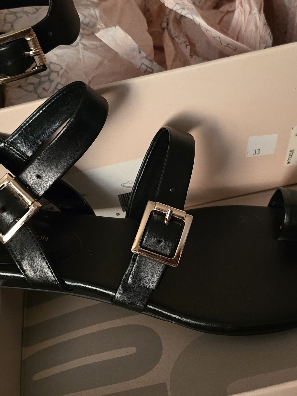 BCBG Black Sandals with Gold Buckles